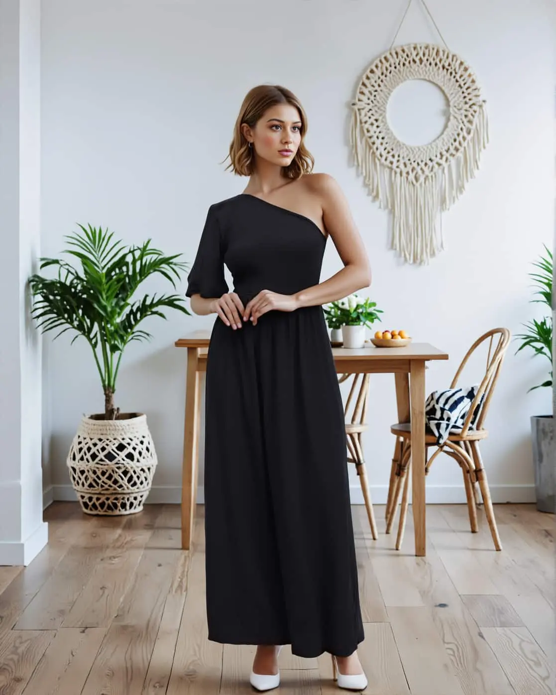 One-Shoulder Angel Sleeve Flare Dress