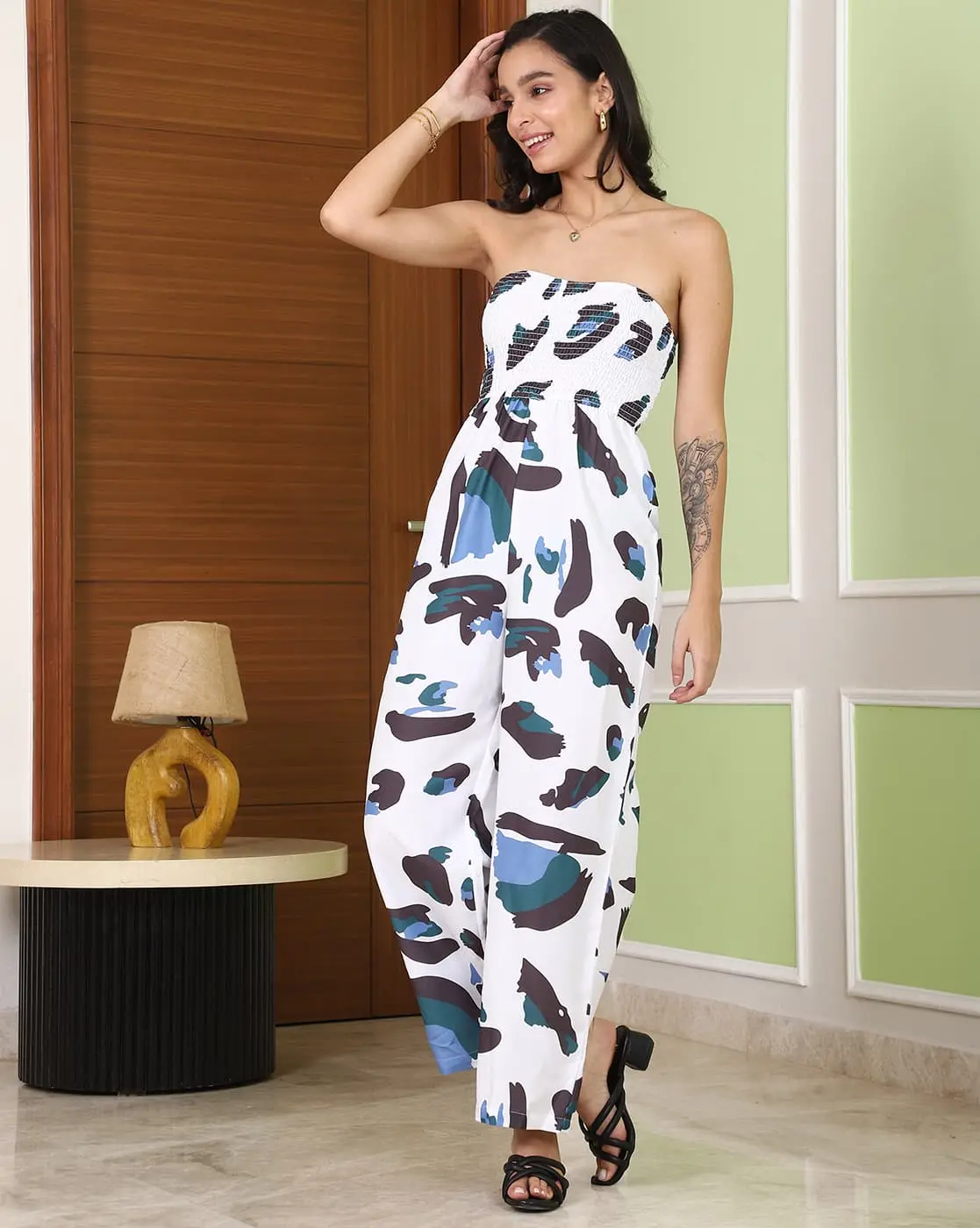 Printed Smocked Bandeau Jumpsuit