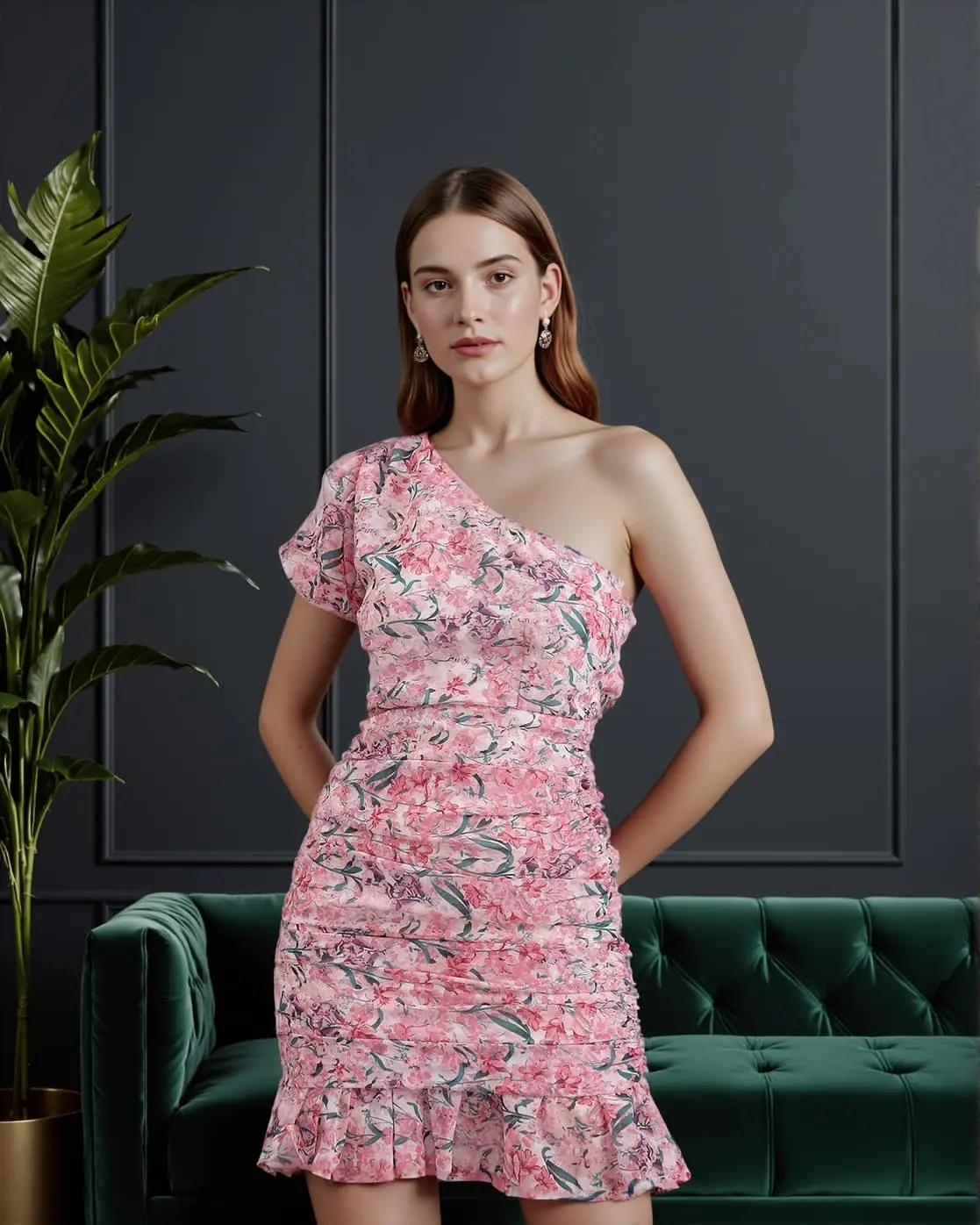 One-Shoulder Ruched Floral Bodycon Dress
