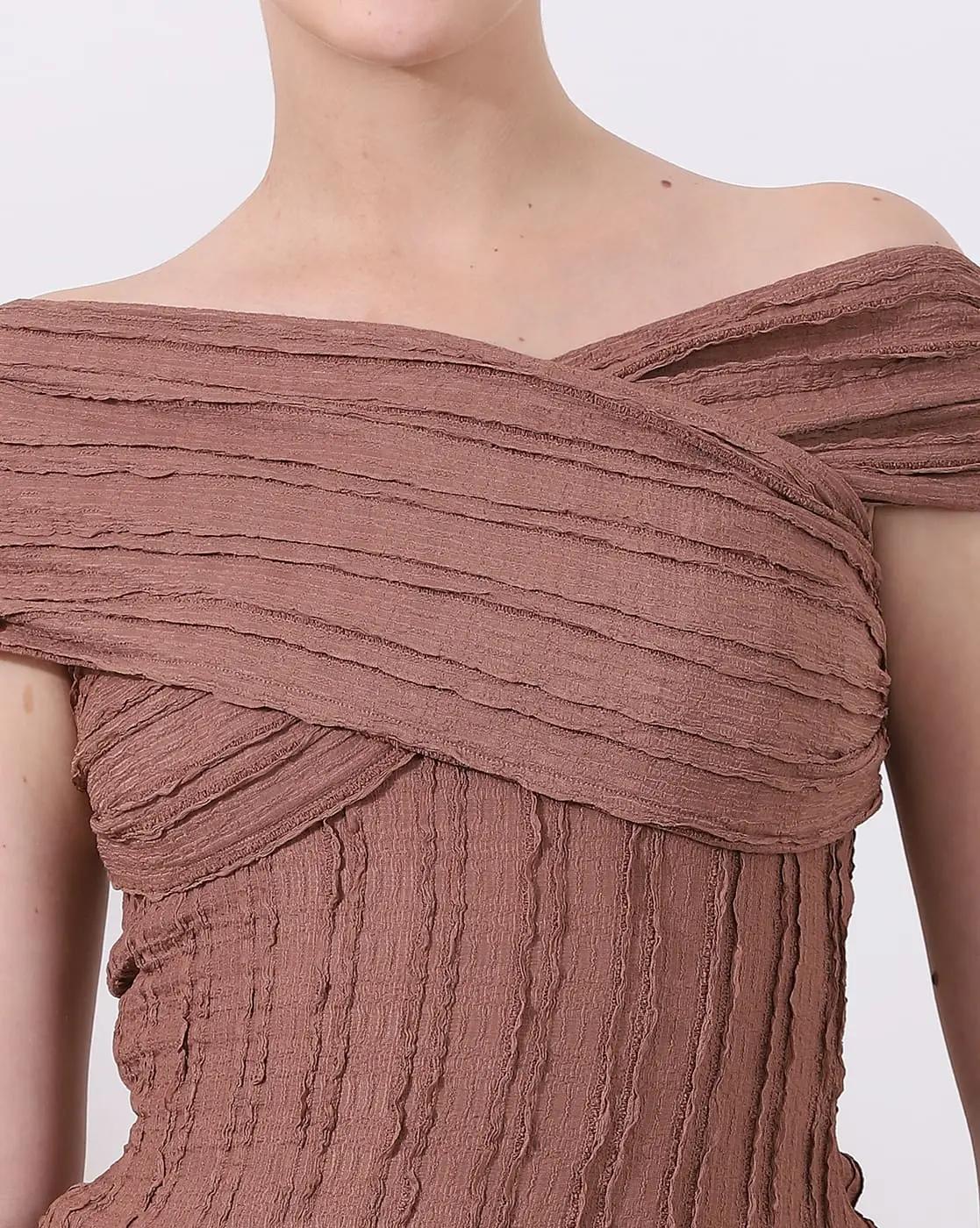 Cross-Shoulder Slim Top - Light Brown